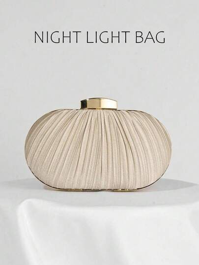 1pc Women's Elegant Box-Shaped Evening Clutch, Pleated Apricot Formal Handbag, Suitable For Weddings, Parties And Galas, Includes Detachable Chain, Formal Dress Bag, Wedding Clutch