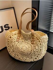 Bolso tejido clásico, bolso de playa redondo para mujer, bolso de paja para mujer, bolso bandolera, bolso de mano para mujer, esencial de playa, artículos de playa, equipo de playa y - Blanco - Ver 4