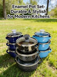 3pcs Multi-Color Enamel Cookware Set, Thick Double-Ear Enamel Cooking Pot, Suitable For Gas & Induction Cooktop, Includes Soup Pot, Milk Pot, Cartoon Cute Enamel Bowl With Handle