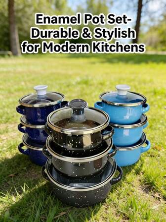 3件套彩色搪瓷炊具套装，加厚双耳搪瓷烹饪锅，适用于燃气灶和电磁炉，包含汤锅、奶锅、卡通可爱带柄搪瓷碗