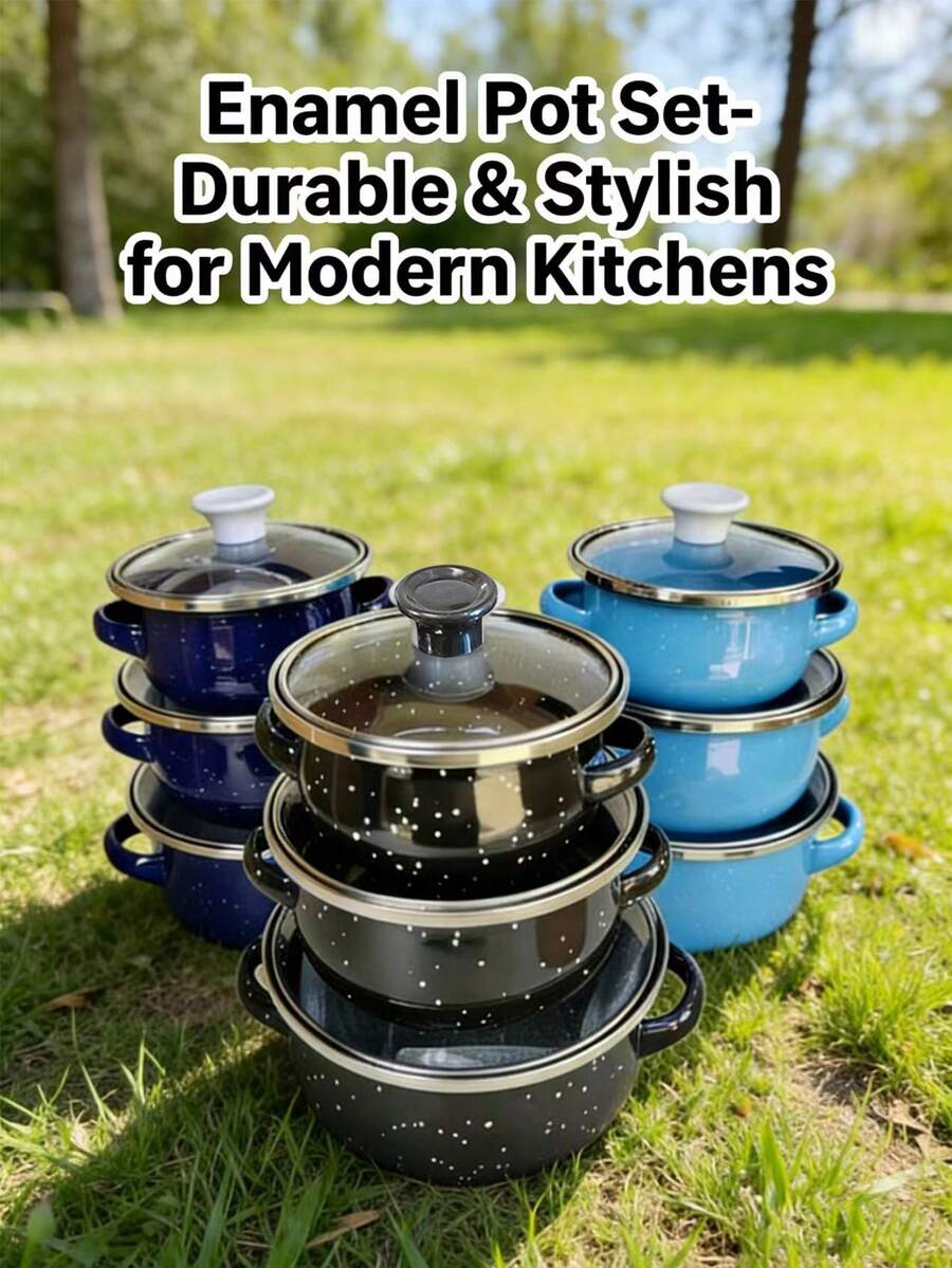 3pcs Multi-Color Enamel Cookware Set, Thick Double-Ear Enamel Cooking Pot, Suitable For Gas & Induction Cooktop, Includes Soup Pot, Milk Pot, Cartoon Cute Enamel Bowl With Handle