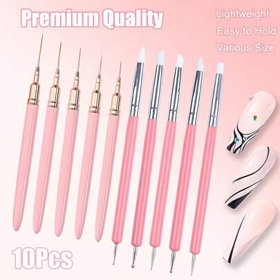 5pcs Pink Nail Art Liner Brushes And 5pcs Nail Art Carving Pens, Double-Ended Design, Suitable For Gel Nails, Fine Lines, Nylon Bristles, ABS Handles, Meets Various Needs, Ideal For Nail Salons And Nail Art Enthusiasts DIY Stamping Manicure, Best Nail Art Supplies And Nail Art Kit