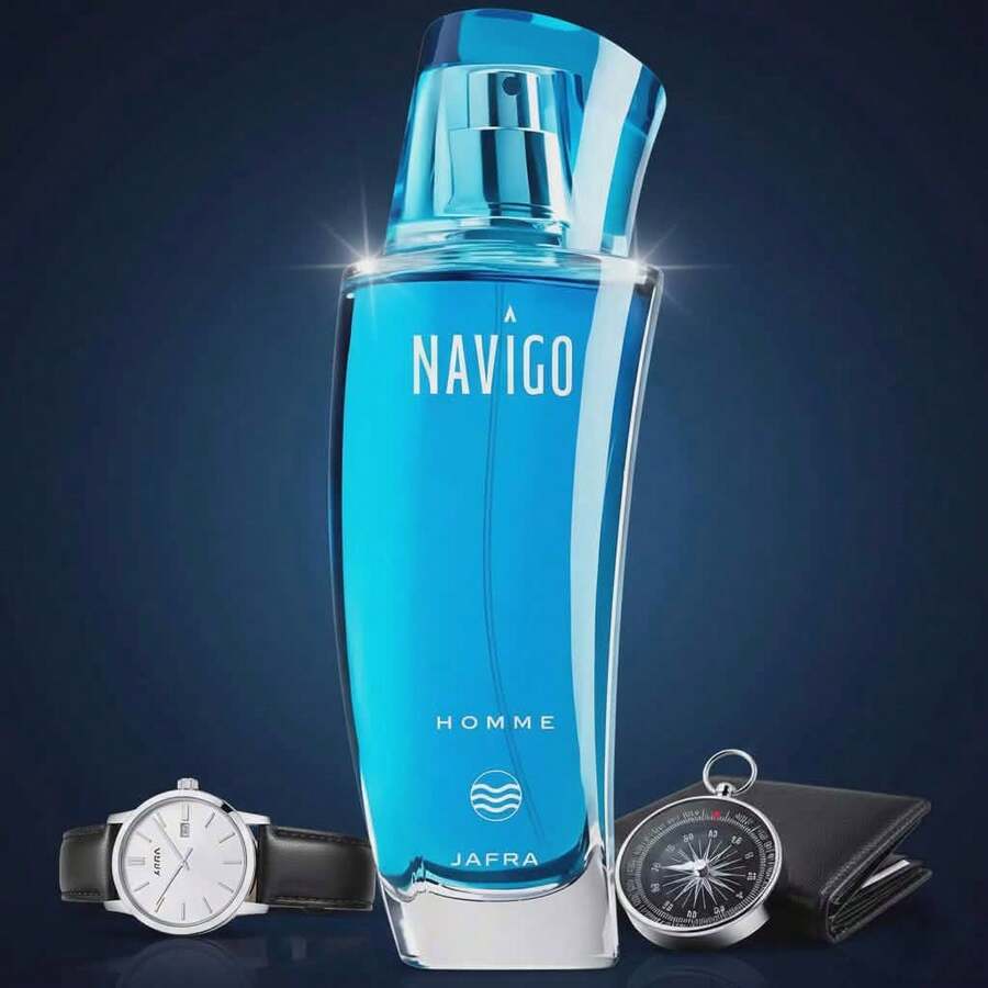 Perfume Navigo Homme Azul de Jafra para Hombre, Fragancia Aromática Fresca con Notas de Limón, Bergamota, Cardamomo, Lavanda y Cedro, Estilo Moderno y Elegante, Ideal para Uso Diario, Primavera y Verano, Aroma Masculino Duradero y Sofisticado - Fresco - Ver 1