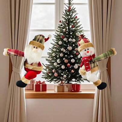 Christmas Decorations Santa Claus Snowman Window Curtain Tie Backs, Suitable For Home And Holiday Celebrations, Christmas, Valentine's Day, Halloween, Thanksgiving, Holiday Decor