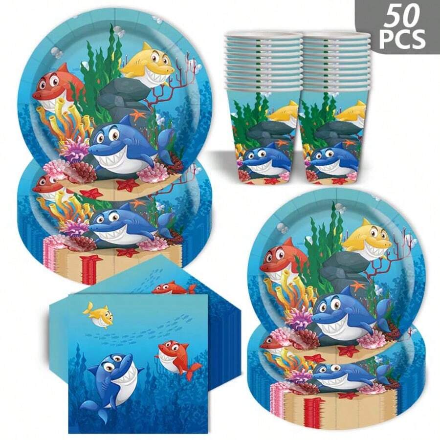50件套海底世界动物鲨鱼主题一次性餐具套装，包含一次性餐盘、餐巾纸和纸杯，非常适合情人节、露营、露台烧烤、野餐、婚礼、派对和生日、休闲聚会、下午茶等场合，也适合作为派对装饰和生日装饰。