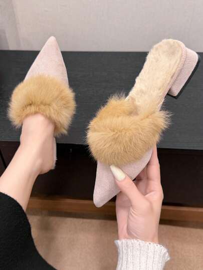Cozy Apricot Plush Pointed Toe Mule Slippers For Women, Wear Outdoor Without Freezing Feet, Suitable With Coats And Dresses