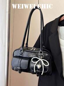新款韩版荔枝纹褶皱单肩包，女士多功能通勤包，大容量篮式设计，轻盈奢华，时尚复古优雅手提包，精致百搭的腋下包。高端时尚单肩包/手提包，小众法式设计 - 黑色 - 查看 1