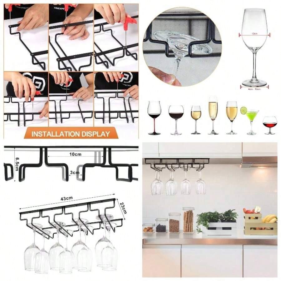Wine Glass Holder, Wine Racks, Hanging Wine Glass Rack, Stemware Rack With 4 Rows Can Hold 8 - 12 Wine Glasses, Wine Racks Kitchen, Bar, Cafe - Holder (unassembled) + Dark Black (removable) - View 1