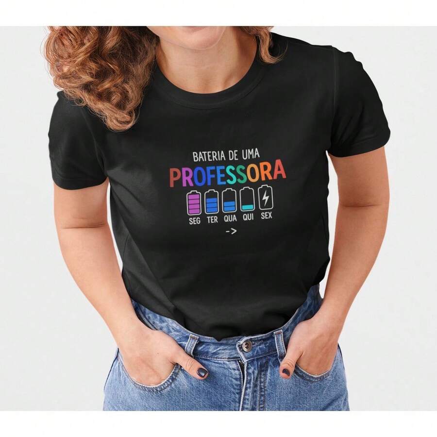 Camiseta Feminina Bateria Professora 100% Algodão Confortável, Moda Casual - Preto - Visão 1
