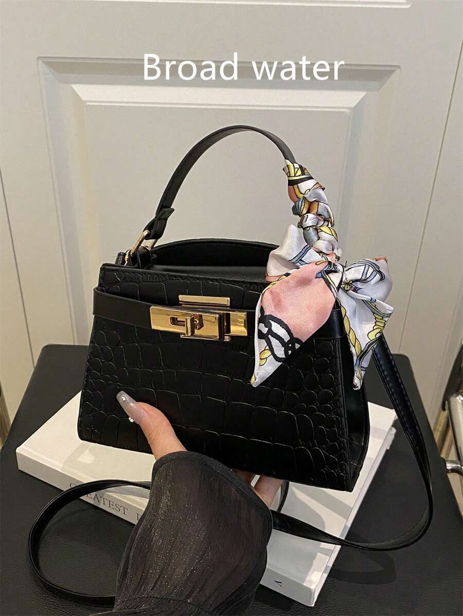Crocodile Embossed Scarf Decor Flap Cover Handbag, Solid Color Embossed Tote Bag With Fashionable Metal Lock Decor, Mini Shoulder Crossbody Bag For Home, Shopping, Commuting