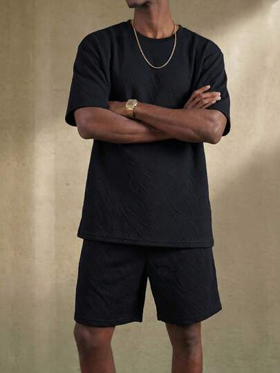 2 Stück Herren Texturiertes Schwarz Kurzarm T-Shirt und Lässig Shorts Set, minimalistischer Alltags-Outfit