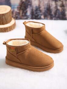 新款秋冬情侣平底软底舒适防滑保暖仿麂皮内衬彩色装饰简约休闲一脚蹬雪地靴，适合日常穿着，室内外皆宜，校园、工作等场合均可穿着，毛绒靴