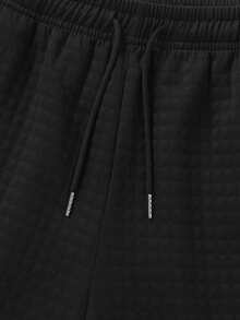 Men's Black Plaid Shorts With Elastic Drawstring Waist And Leather Patch, Casual Summer Home & Street Wear - Black - View 5