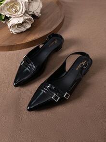 Sandalias de tacón alto de unicolor con hebilla, adecuadas para ir al trabajo, vacaciones, fiestas, oficina, hogar, exteriores, primavera, verano, otoño - Negro - Ver 7