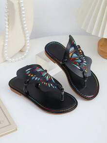 1双女童夏季时尚拖鞋，彩色蝴蝶翅膀设计，拼接工艺，百搭黑色，沙滩人字拖，适合日常穿着、沙滩派对