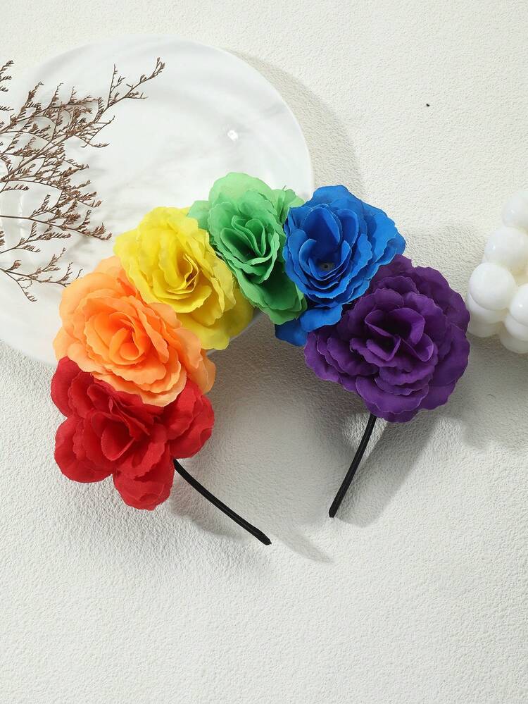 1 pieza Diadema con flor arcoíris colorida, accesorio llamativo para vacaciones y fiestas, dulce y enérgico para sesiones de fotos - Multicolor - Ver 2