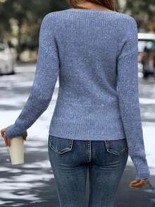 Women's Elegant V-Neck Wrap Knit Top - A Versatile Long Sleeve ,Women's Daily Casual ,Winter Fashion Women's,Winter Promotion Of Christmas Halloween - Blue - View 2