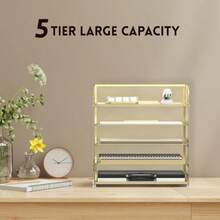 SUPEASY Organizador de 5 Bandejas de Papel Bandeja de Cartas con Asa - Organizador de Archivos de Escritorio de Malla Organizador de Escritorio Clasificador de Papel para Oficina Hogar o Escuela - Dorado - Ver 4