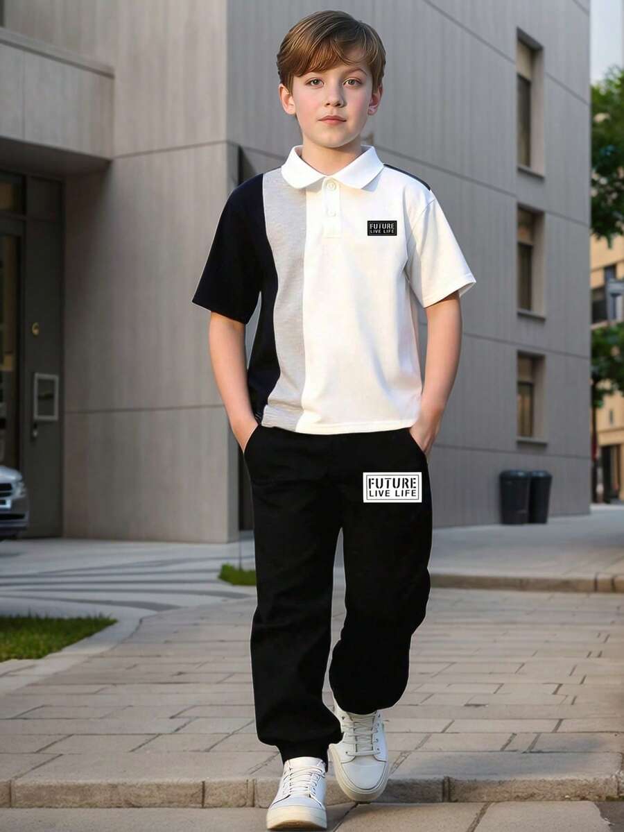青少年男孩字母印花短袖Polo衫和裤子休闲套装 - 白色 - 查看 1