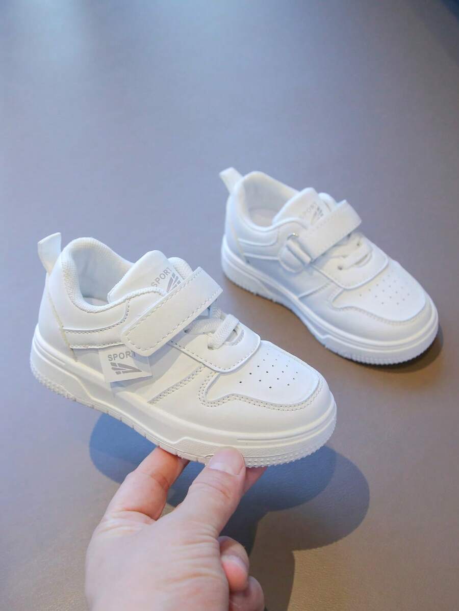 儿童/幼儿白色休闲运动鞋 - 可调节魔术贴搭扣，透气网眼鞋面，后跟提拉袢，橡胶鞋底，适合日常穿着 - 白色 - 查看 1