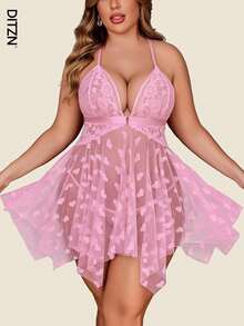 Plus Size Women's One-Piece See-Through Erotic Lingerie Front Button Dress Split Lace Dress Summer Breathable (Thong) Rave - Baby Pink - View 10