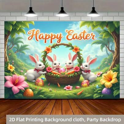 2D平面横幅，1件装复活节主题横幅，图案包括兔子、复活节彩蛋、花篮和花卉，适用于主题派对装饰，室内/室外庆祝活动、家居装饰、拍照道具、节日装饰，采用耐用涤纶材质，无需用电