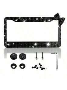 1 Shiny License Plate Frame, Set With Hand-Set Acrylic Crystal, Cute Bow Tie Decoration, Stainless Steel Frame, Firmly Fixed, Upgrade Your Car With Stylish Shiny Butterfly License Plate Frame Christmas Gift Girl - A - View 16