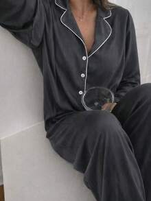 Nina Bonheur 2pcs Women Loose Front Button Long Sleeve Shirt + Elastic Waist Straight Leg Pants Pajama Sleepwear Set - Grey - View 2