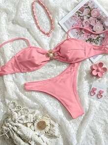 2pcs/Set Women's Fashionable High Elasticity Striped Special Fabric Swimwear, Summer - Pink - View 1