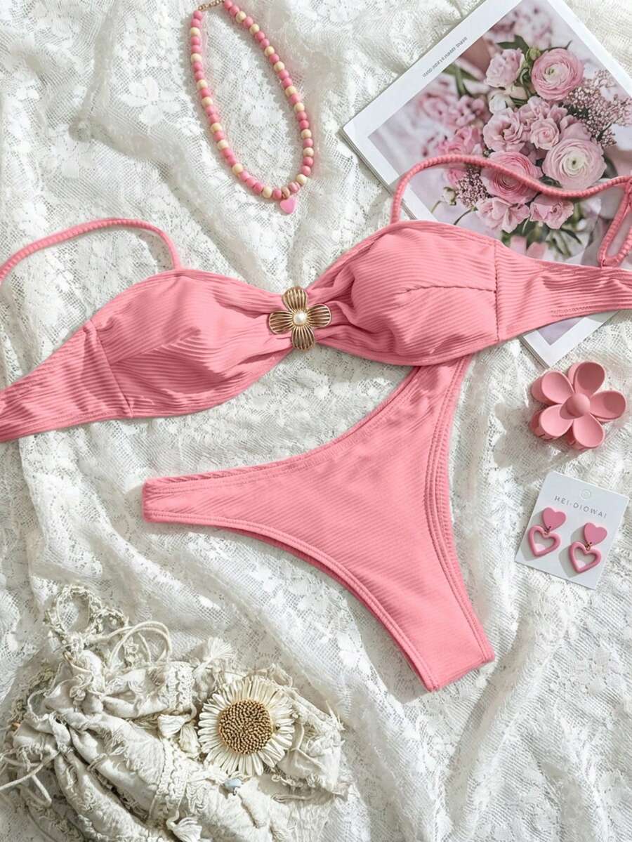 2pcs/Set Women's Fashionable High Elasticity Striped Special Fabric Swimwear, Summer - Pink - View 1
