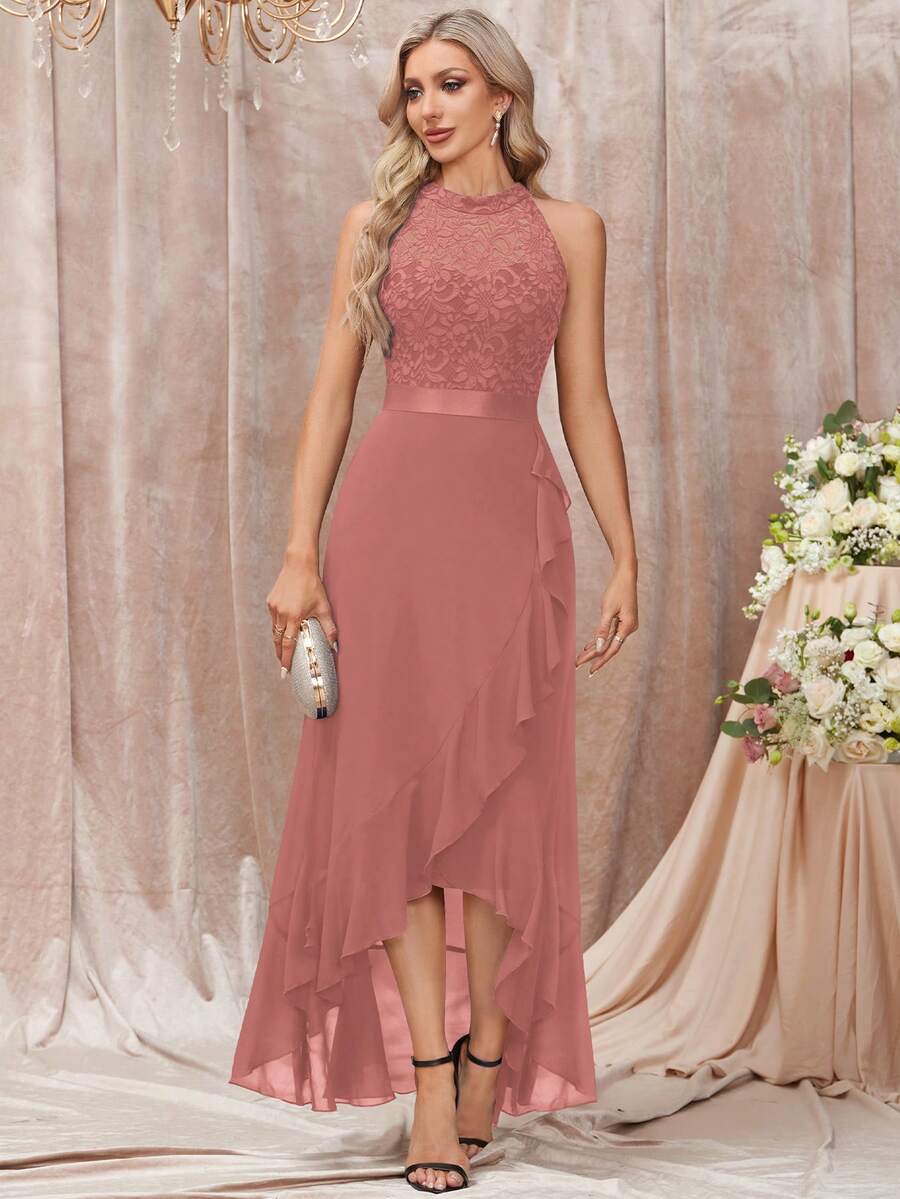 MIUSOL Rochie maxi cu imprimeu floral și volane, cu imprimeu petecă - Roz praf - Vizualizare 1