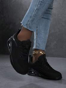 Women's Cushioned Shock-Absorbing Comfortable PU Sole Running Shoes, Minimalist Mesh Upper Black Soft Bottom Breathable Athletic Sneakers - Black - View 4