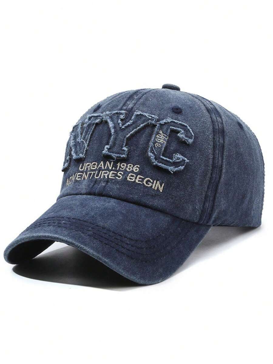 Gorra de béisbol vintage lavada, parche de letras NYC, visera curvada, estilo europeo-americano, para mujer, casual y deportiva, protección solar - Azul marino - Ver 1