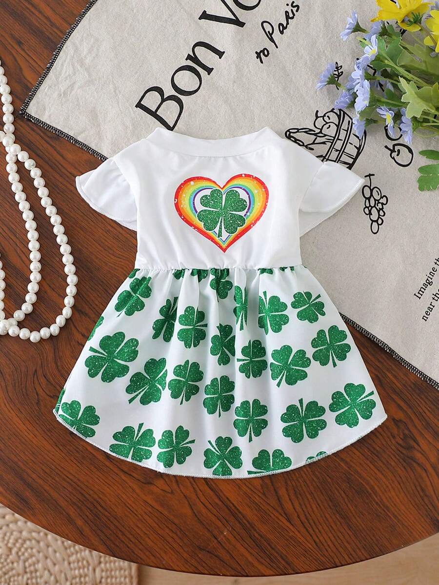 宠物连衣裙，饰有彩虹爱心和三叶草图案，白色荷叶袖，腰部收紧，适合日常穿着。 - 白色 - 查看 1