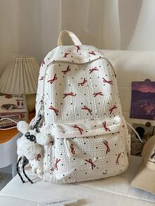 1个彩色大容量蝴蝶结波点印花尼龙女士背包，多口袋手提包，配有可调节肩带，宽敞隔层，轻便休闲旅行背包，适合日常使用、外出、上学、返校季，附赠挂饰 - 白色 - 查看 5