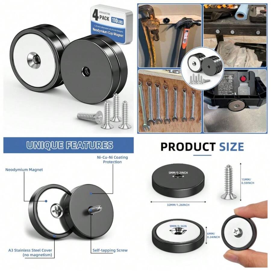 Heavy Duty Neodymium Disc Magnets With Countersunk Holes 110 LB Pull Force 4 Pack - 1 - View 1