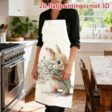 1pc Easter White Watercolor Floral Bunny Apron, Fawn Bunny + Daisy Bouquet Decor, Healing Vibe, Durable Cooking Apron Suitable For Bakers, Cake Decorators, BBQ Enthusiasts, Gardeners, Painters, Nail Artists - Perfect Gift For Home And Professional Chefs - Multicolor - View 7