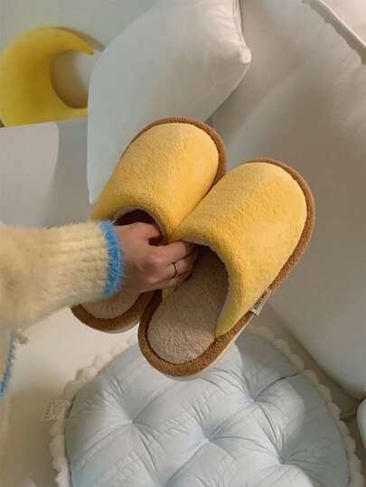 XIXITIAO 1 Pair Cute Contrast Color Couple Slippers, Warm Soft Bottom Comfortable Home Slippers, Fashion Indoor Dopamine Postpartum Plush Slippers