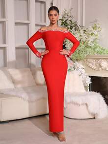 新款性感黑色长袖露肩手工串珠水钻装饰修身连衣裙，优雅伴娘礼服，适合出席生日派对、节日舞会、正式晚宴等场合，亦可作为女士婚纱礼服。 - 紅色 - 查看 2