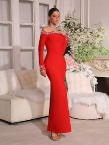 新款性感黑色长袖露肩手工串珠水钻装饰修身连衣裙，优雅伴娘礼服，适合出席生日派对、节日舞会、正式晚宴等场合，亦可作为女士婚纱礼服。 - 紅色 - 查看 4