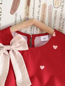 夏季女童无袖连衣裙，爱心印花，蝴蝶结领，撞色荷叶边下摆，宽松版型，甜美公主风，透气轻盈 - 紅色 - 查看 6