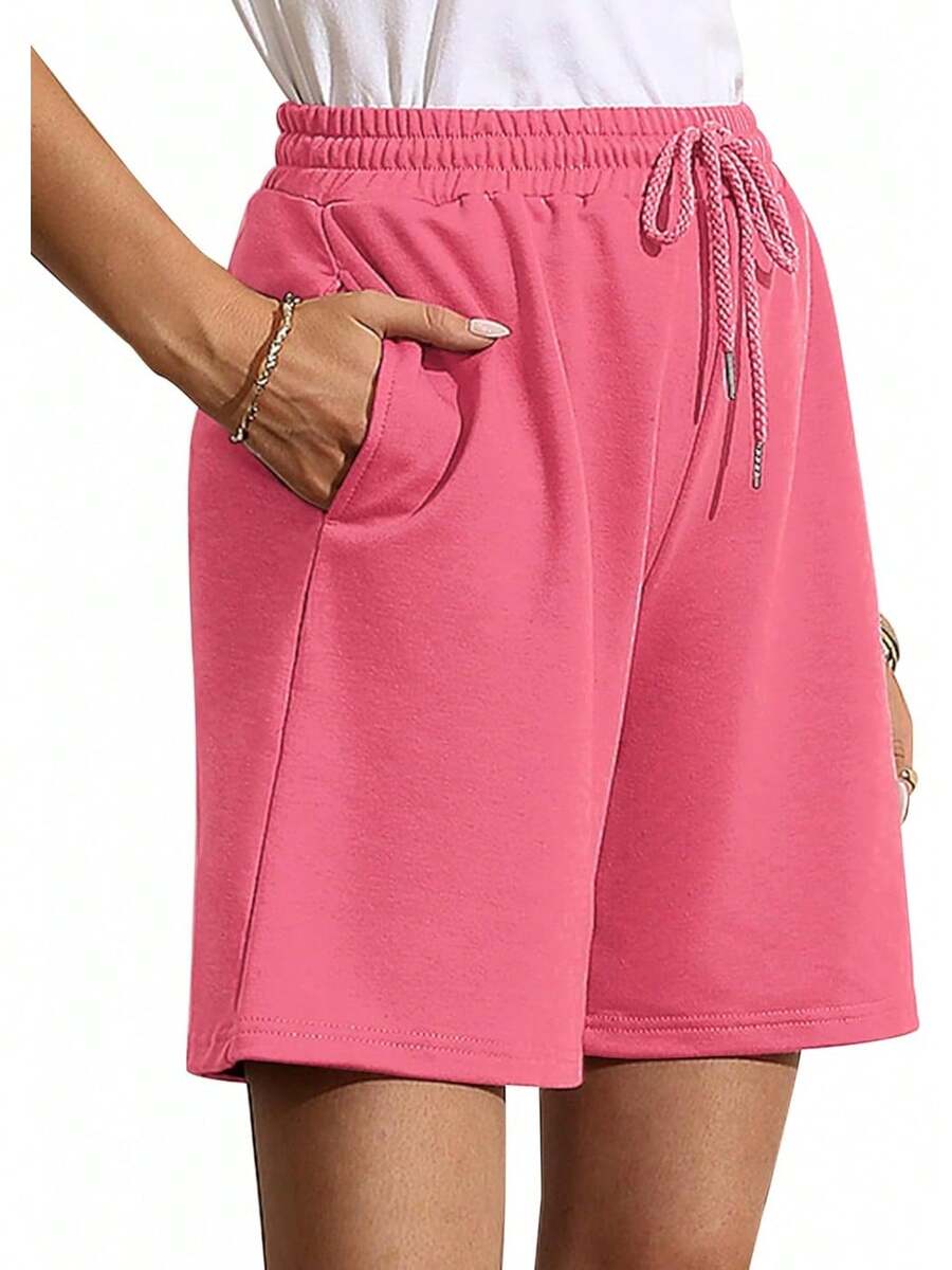 Quenteen Women's Sweat Shorts Bermuda Long Shorts Athletic Casual Loose Cotton Shorts (Available In Plus Size)A Valentine's Day 46QM - 玫紅色 - 查看 1