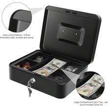 1 个大型重型金属现金箱，带锁和现金托盘 - 安全钥匙锁，配有 2 把钥匙，可拆卸硬币和纸币隔层，坚固的提手，适用于家庭、办公室和零售场所。黑色现金箱，用于存放纸币、硬币和贵重物品。- 专为收银员、小型企业和零售环境设计，配有可拆卸硬币托盘、安全机制和不锈钢提手 - 办公室/商店 - A - 查看 5