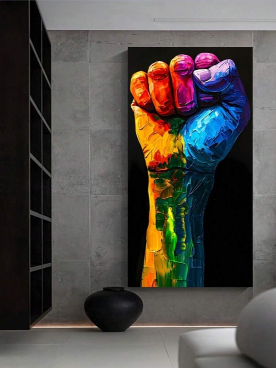 [1 pictură pe pânză cu pumnul pridei] 1 pictură pe pânză abstractă fără ramă cu pumnul pridei, 23,62 x 47,24 inci, decor de perete inspirațional cu gesturi pentru sufragerie, dormitor, coridor - Poster universal cu tehnică mixtă pentru sărbători, negru - Multicolor - Vizualizare 1
