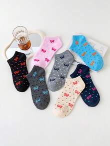 7 pares de calcetines cortos para mujer, con diseño de lazo, transpirables y absorbentes, de estilo versátil para el colegio - Multicolor - Ver 3