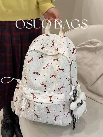 1pc Colorful Large Capacity Bow Polka Dot Print Nylon Women Backpack, Multi-Pocket Handbag With Adjustable Shoulder Strap, Spacious Compartments, Lightweight Casual Travel Backpack For Daily Use, Outings, School, Back To School Season With Accessory Charm