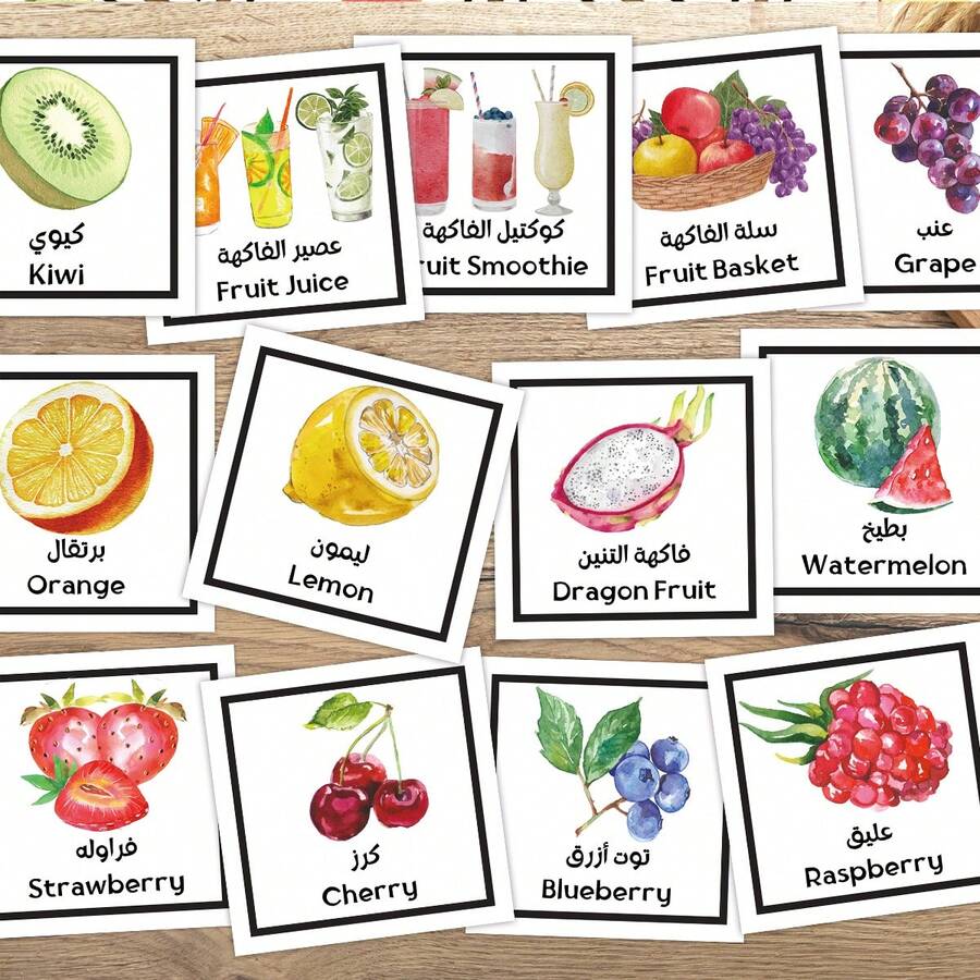 1 Set de Tarjetas didácticas bilingües árabe-inglés de Animales/Números/Frutas, herramienta de reconocimiento de escritura y alfabeto árabe, tarjetas interactivas de aprendizaje del alfabeto árabe con ilustraciones de Animales/Números/Frutas - Multicolor - Ver 1