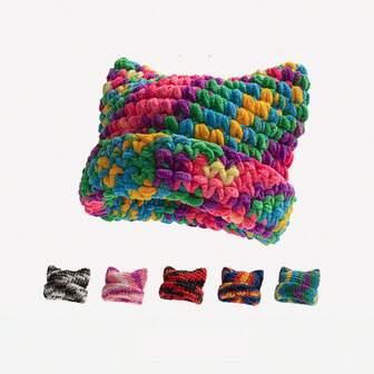 1pc Colorful Cat Ear Knitted Beanie Hat, Handmade, Versatile & Cute, Suitable For Autumn/Winter