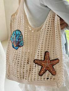 Fashionable Women's Woven Tote Bag, Coin, Shell & Starfish Patch, Large Capacity Foldable Portable Bag, Summer Beach Tote - Multicolor - View 4