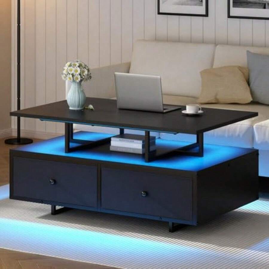 Mesa de Centro para Sala con Luz LED y Estante de Almacenamiento Mesa para Sala Madera Minimalista con Cajones y Estructura Metal Mesa para Café Mesa Auxiliar de Salón Coffee Table Moderno - como en la foto - Ver 1